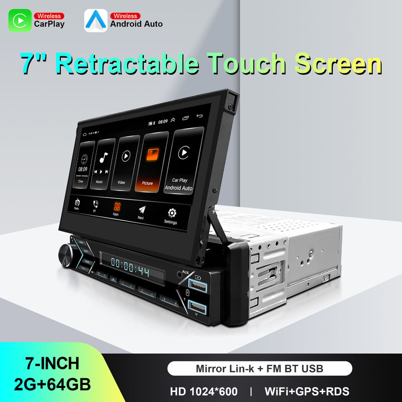 7 Inch Retractable Touch Carplay 1 DIN Car Audio Stereo Compatible Bluetooth-Enabled Built-In GPS
