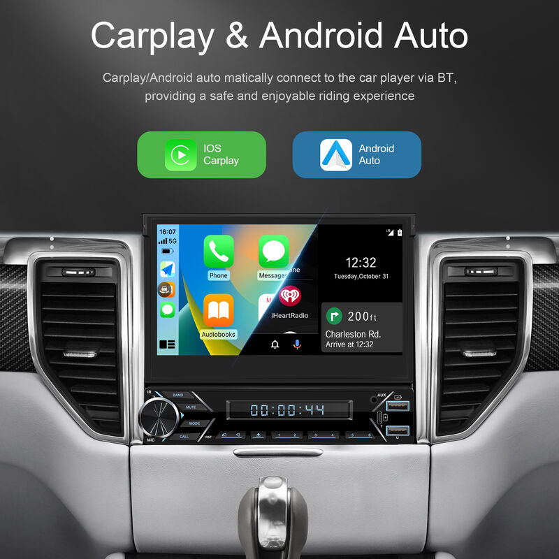 7 Inch Retractable Touch Carplay 1 DIN Car Audio Stereo Compatible Bluetooth-Enabled Built-In GPS