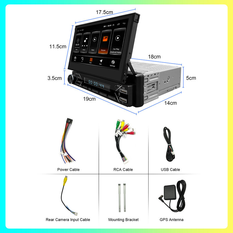 7 Inch Retractable Touch Carplay 1 DIN Car Audio Stereo Compatible Bluetooth-Enabled Built-In GPS